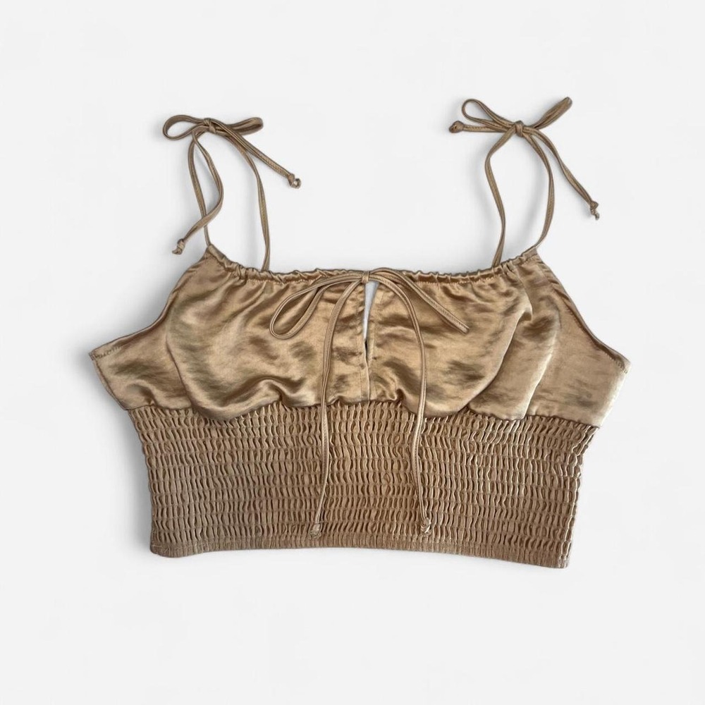 Gold-champagne satin Motel crop top with tie detail